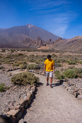 A young tourist on the volcano trekking trail at the Llano de Ucanca viewpoint in the Teide Natural...