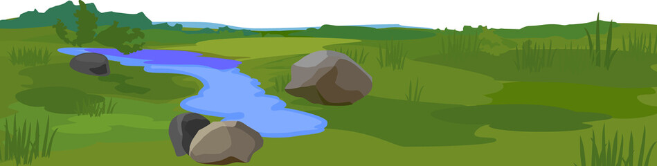 Summer landscape with green meadow, boulders and blue pond