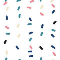 Vector organic seamless abstract background, party confetti pattern. Colorful pastel colored mosaic of simple shapes on white background.