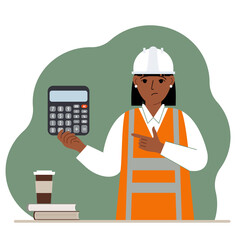 Female engineer in a white construction helmet and orange vest with a calculator. Vector