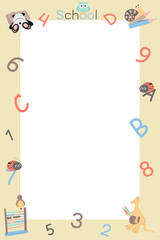 School frame. Border for school use. Animals with school supplies. For schools and kindergartens. Learn, count, paint.