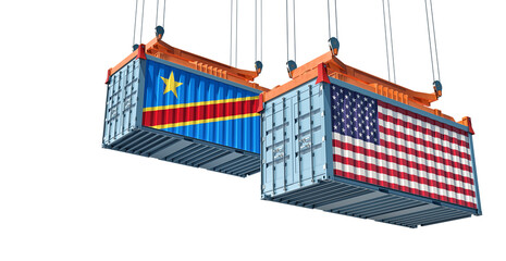 Cargo containers with USA and Democratic Republic of the Congo national flags. Isolated on white. 3D Rendering
