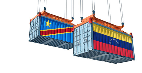 Cargo containers with Venezuela and Democratic Republic of the Congo national flags. Isolated on white. 3D Rendering