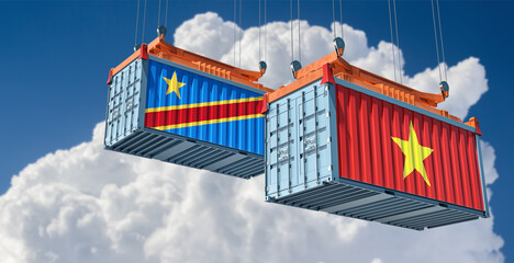 Cargo containers with Vietnam and Democratic Republic of the Congo national flags. 3D Rendering