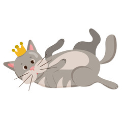 Happy cute cat kitty in crown lies. Cartoon animal pet character isolated on white. Flat style vector illustration