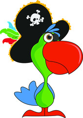 Green parrot with red beak. Black hat with a skull. bird. Parrot. Pirate. Funny character for kids game about pirates