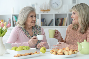 Portrait of two senior women drinking tea