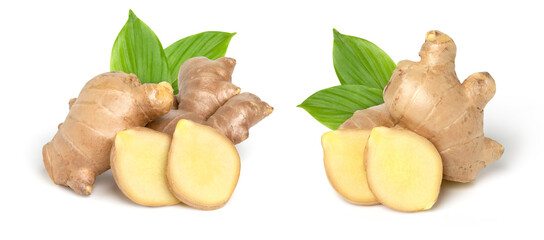 Close up, Fresh ginger rhizome with sliced and green leaves isolated on white background, cut out