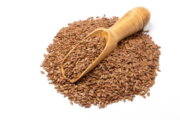Wooden spoons with flaxseed on a white background