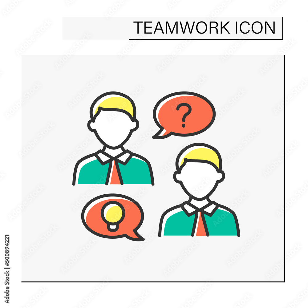 Poster discussion color icon. workers with ideas communicate.question sign. misunderstanding.teamwork conce