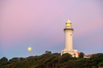 Norah Head lighthouse and full moon, Central Coast, NSW, Australia