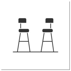 Bar chairs glyph icon. Tall stools. Pub, diner, coffee shop, restaurant interior, furniture. Cocktail party and drinking establishment concept.Filled flat sign. Isolated silhouette vector illustration