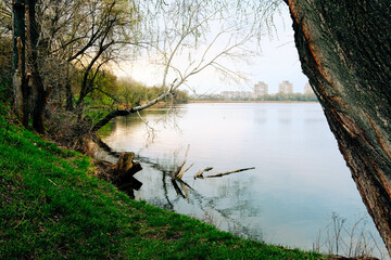 Cheha lake in Sumy city downtown sky reflect cityscape bird's view from park, people in harmony