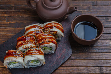 Asian traditional snack. Japanese sushi - fast food