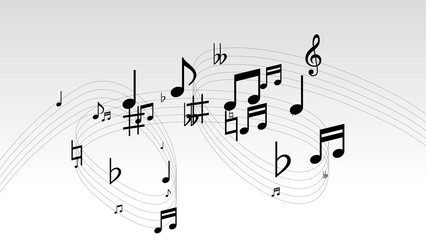 Music Notes Flowing at Musical Lines on White Background
