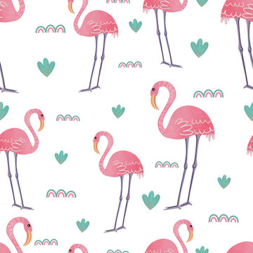 Seamless watercolor flamingo pattern. Repeated pink kids 