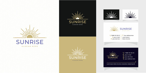 Sun Logotype template with creative modern concept logo and business card design premium. Abstract sun logo gold sun icon with negative space geometric radial rays of sunburst. Vector illustration.