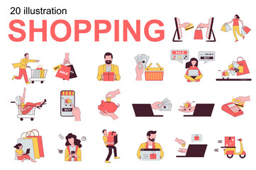 Shopping concept with people scenes set in flat design. Men and women choose goods, make purchases at sales, pay online and at checkout and other. Vector illustration visual stories collection for web