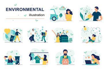 Environmental concept with people scenes set in flat design. Men and women collecting, separating and recycling trash, zero waste, green energy. Vector illustration visual stories collection for web