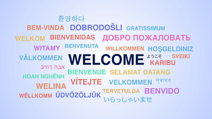 Welcome Word Cloud Welcome in Multi Language on Gradient Background