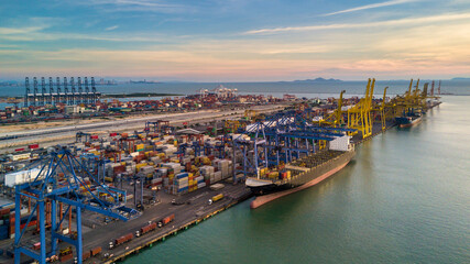 Naklejka premium Aerial top view commercial dock freight transportation global business, Container ship business seafreight logistics import export freight shipping, Container vessel cargo freight ship port of loading