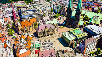 Bremen, Germany. Market Square (Bremer Marktplatz), Bremen Cathedral. Bright cartoon style illustration. Aerial view - obrazy, fototapety, plakaty