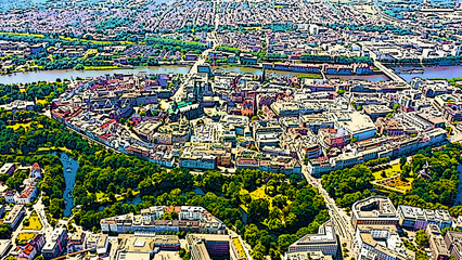 Bremen, Germany. The historic part of Bremen, the old town. Bremen Cathedral. Bright cartoon style illustration. Aerial view - obrazy, fototapety, plakaty