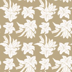 Decorative pattern, white lilies, golden outline, illustrations of flowers on a brown background