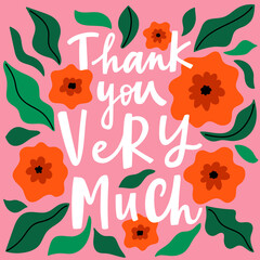 Thank you very much lettering poster, card, print. Cute vector illustration with red flowers.