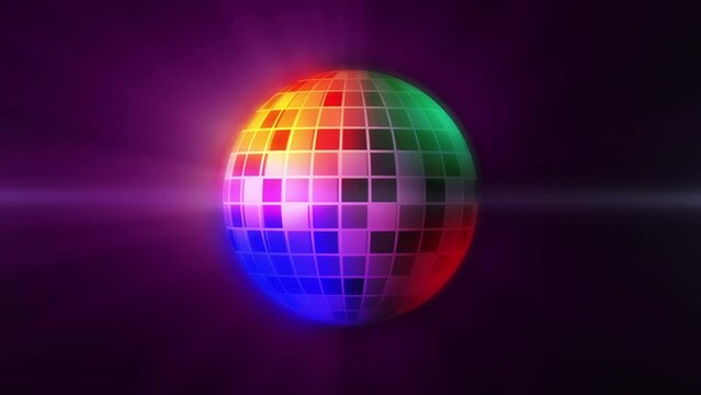 This stock motion graphics shows a multicolored, glowing disco ball on a purple background. This background will decorate your projects related to a holiday, disco, birthday, wedding.