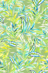 seamless hand painted artistic bright tropical pattern with tropical foliage, areca palm leaves. 