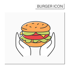 Burger lover color icon. Hands on burgers. Love for unhealthy food.Fast food concept. Isolated vector illustration