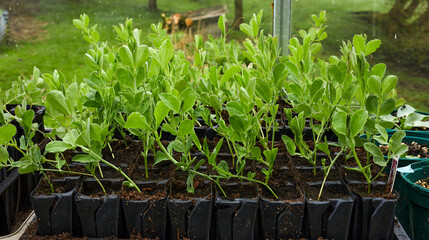 In the unheated greenhouse, seed trays with sweet peas almost ready for planting out