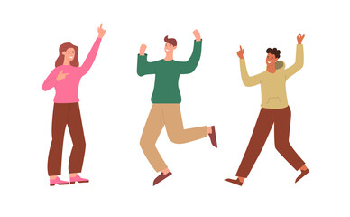 Set of happy people isolated on white background. Jump with raised arms. Celebrate victory or success. Characters feel positive emotions, good mood laughing. Vector Illustration in cartoon style.