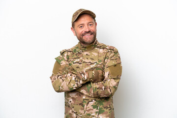 Military man isolated on white background with arms crossed and looking forward