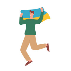 Happy young man holding the flag of Ukraine. Patriot. Celebrates success and victory. Football fan. Illustration in cartoon style.