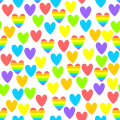 Vector bright abstract seamless pattern with color and rainbow hearts. LGBT community concept. Gay Pride Month celebration