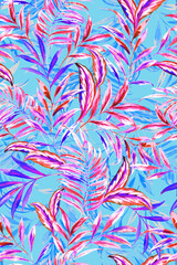 seamless hand painted artistic bright tropical pattern with tropical foliage, areca palm leaves. 