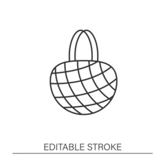  Mesh bag line icon. Reusable cotton thread. Grocery shopping bag with recycling material. Ecology. Zero waste concept. Isolated vector illustration. Editable stroke