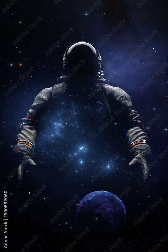 Poster astronaut in spacesuit helmet is a reflection of stars and galaxies. space exploration, an astronaut
