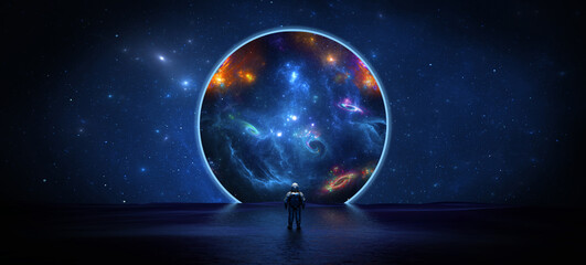 Astronaut cosmonaut discovery of new worlds of galaxies panorama, fantasy portal to far universe. Astronaut space exploration, gateway to another universe. 3d render - obrazy, fototapety, plakaty
