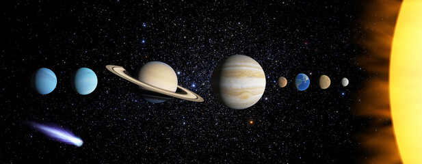 Solar system planet space, sun Mercury Venus earth Mars Jupiter Saturn Uranus Neptune planet cosmos. Map of solar system 8 planets. 3d render © angel_nt