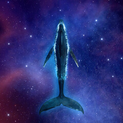 Big whale swims in deep space of stars, nebulae and galaxies. Fantasy landscape cosmos diving blue whale in starry sky. 3d render © angel_nt