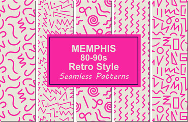 Squiggly Wavy Curvy Zig zag Lines Memphis Seamless patterns collection modern design. Graphic Background Retro Style