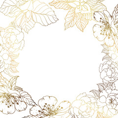 Square golden frame made of golden cotton buds and leaves on a white background. Minimalism of forms in a square frame and abstraction. Leaves with cotton.