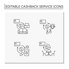 Fototapeta na wymiar Cashback service line icons set. Refund small percentage of money from buying furniture, jewelry, pharmacy goods and restaurant. Shopping concept. Isolated vector illustrations. Editable stroke