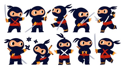 Cartoon ninja. Little funny Japanese warrior with different weapon types. Guy in black cloth and red bandage. Cute character fights with katana or shurikens. Vector Asian assassins set