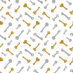 Hand Drawn Old Keys Seamless Pattern. Gold and Silver Vintage Keys Isolated Vector Background