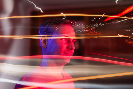 Young adult looks to the horizon with joy completely immersed in the parallel reality of the metaverse