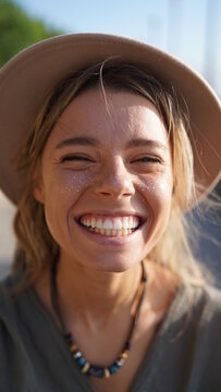 Close portrait of a smiling hippie girl. A charming girl with freckles in a hat smiles and laughs merrily. Bright and beautiful smile